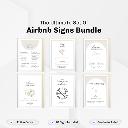 Set of 20 customizable Airbnb sign templates for guidelines, Wi-Fi access, and guest instructions. Ideal for hosts to enhance their properties.  
