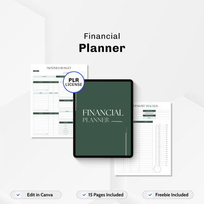 A 15-page digital financial planner designed for budgeting, debt tracking, and financial goals. Fully editable in Canva with a freebie included for reselling.  
