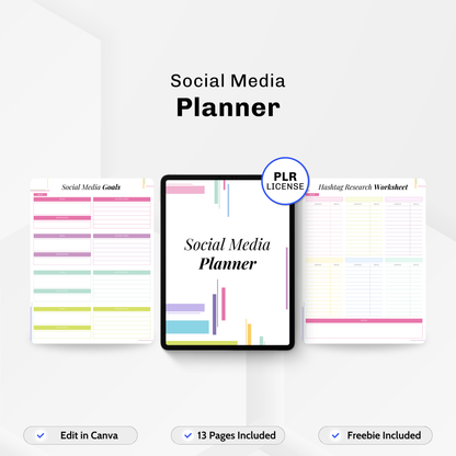 A 13-page digital social media planner designed for reselling. Includes worksheets for goal setting and hashtag research, fully editable in Canva with a freebie included.  
