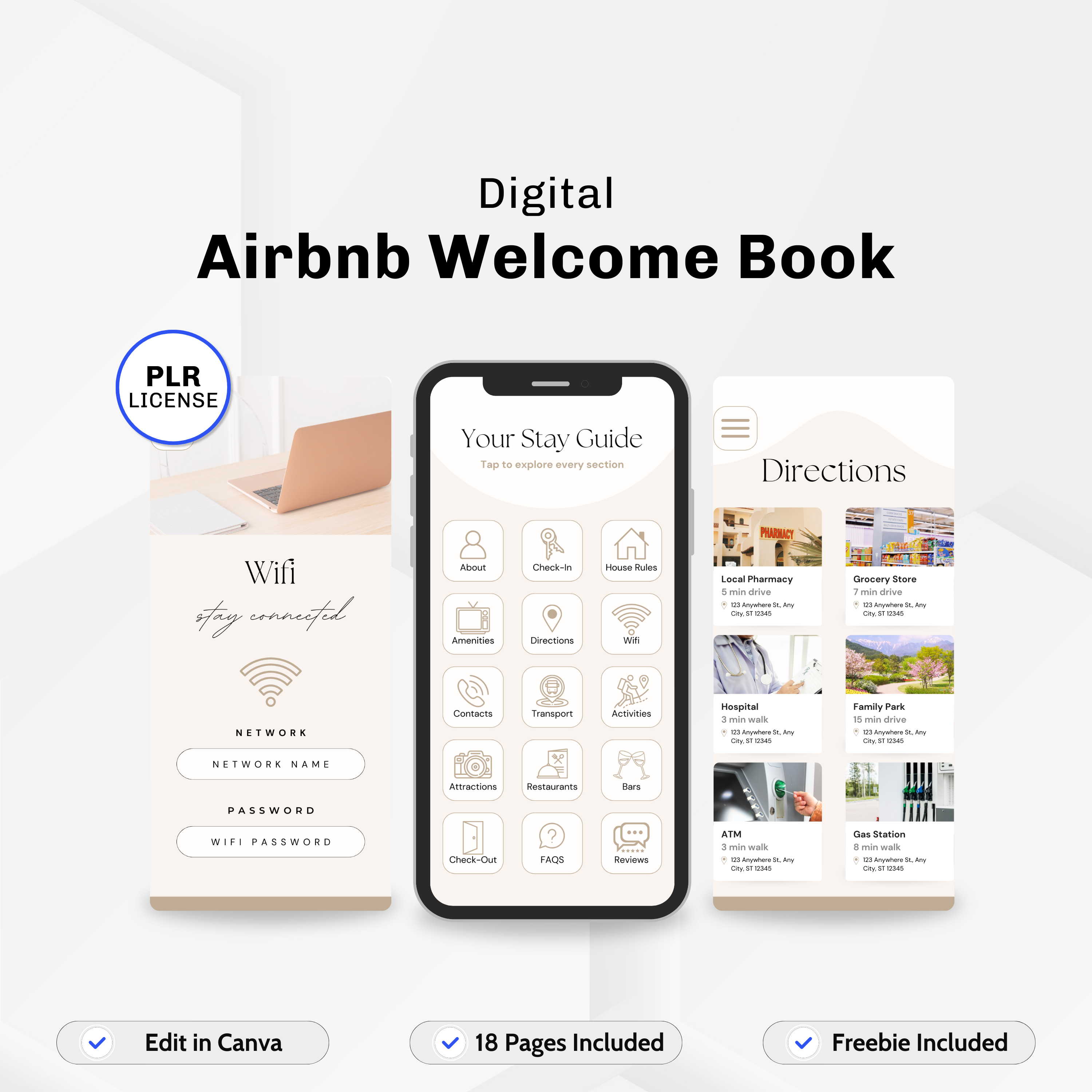 A comprehensive 18-page digital Airbnb welcome book featuring customizable sections such as directions, house rules, and amenities. Ideal for Airbnb hosts using PLR digital products to enhance guest experience.  
