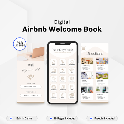 A comprehensive 18-page digital Airbnb welcome book featuring customizable sections such as directions, house rules, and amenities. Ideal for Airbnb hosts using PLR digital products to enhance guest experience.  
