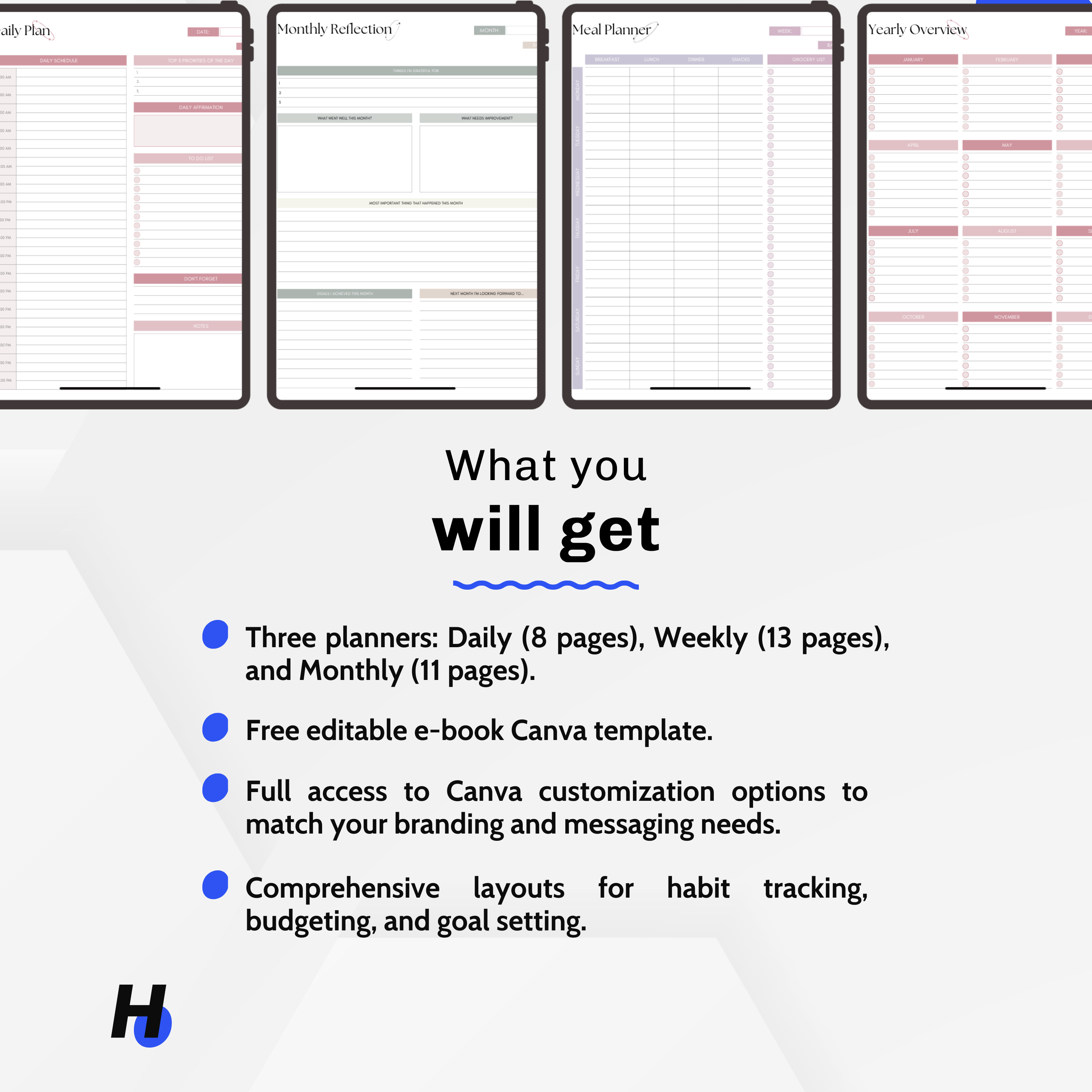 Includes daily, weekly, and monthly planners designed to optimize your PLR digital products to resell. Features customizable layouts for habit tracking and goal setting.  
